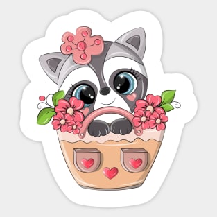 Cute raccoon sitting in a basket with flowers. Sticker